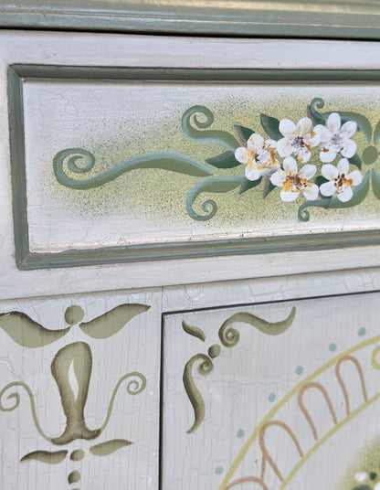 Hand Painted Small Cabinet & Matching Mirror Set