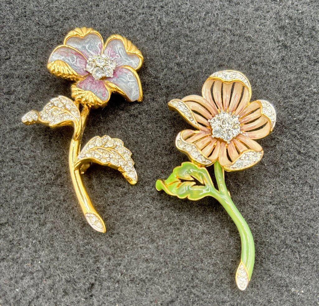 Pair of Vtg. Nolan Miller Brooches Enamel and Crystal Flower /j