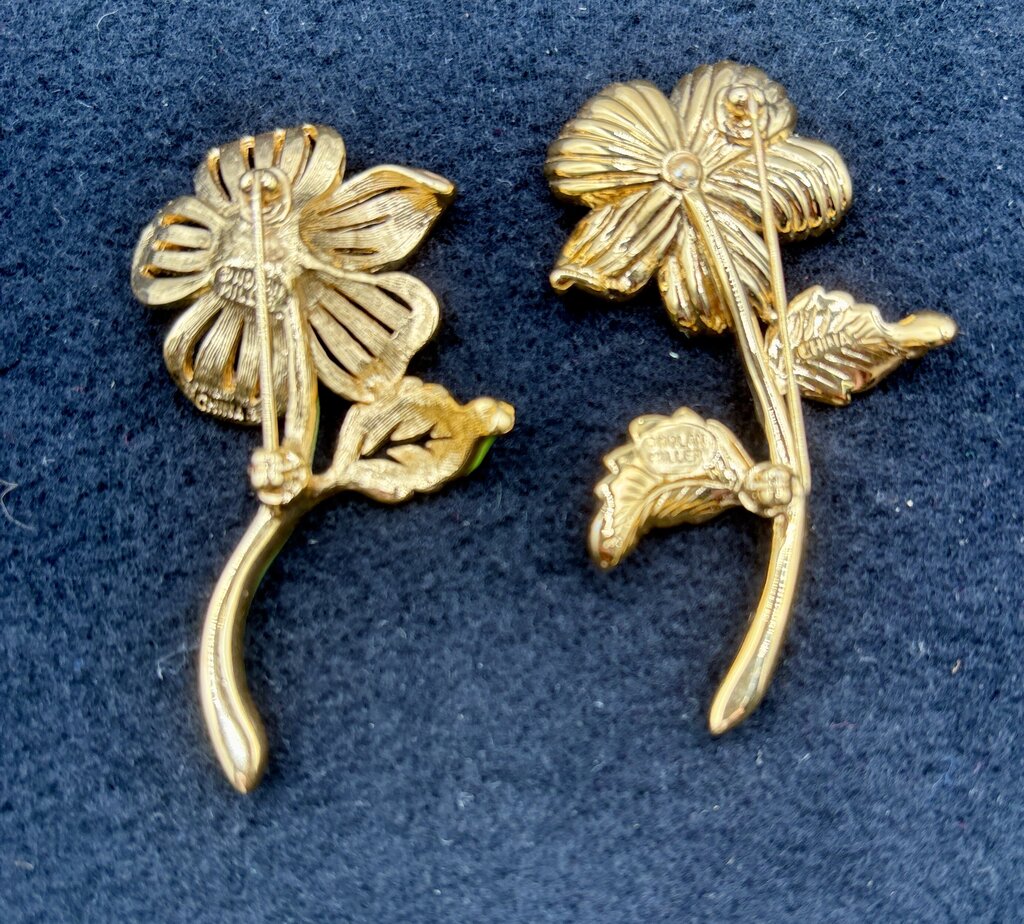 Pair of Vtg. Nolan Miller Brooches Enamel and Crystal Flower /j
