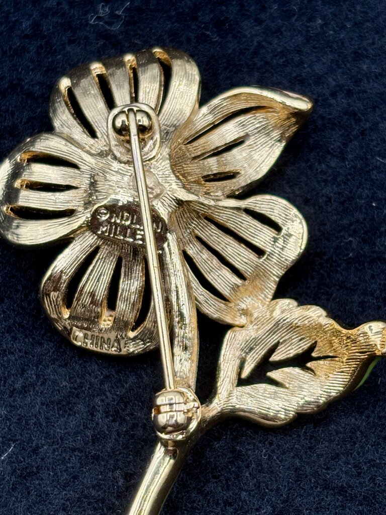 Pair of Vtg. Nolan Miller Brooches Enamel and Crystal Flower /j