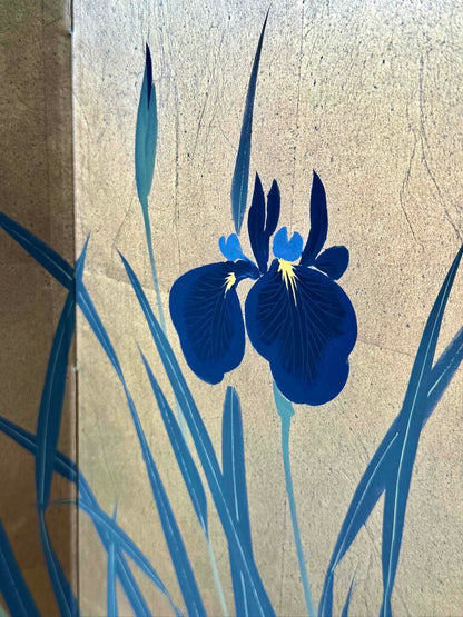 VTG Japanese Byobu 2 Paneled Iris Folding Screen