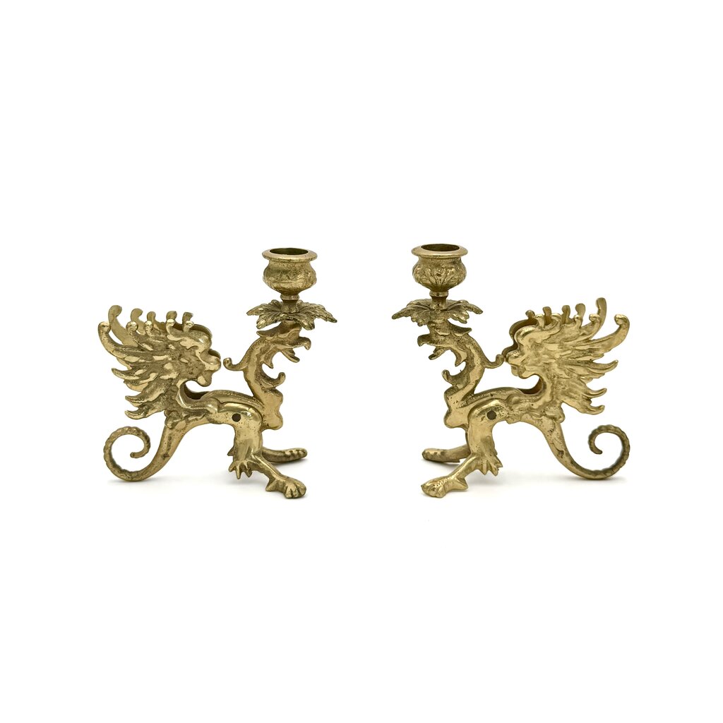 VTG Set of 2 Mythical Griffin Brass Candle Stick Holders
