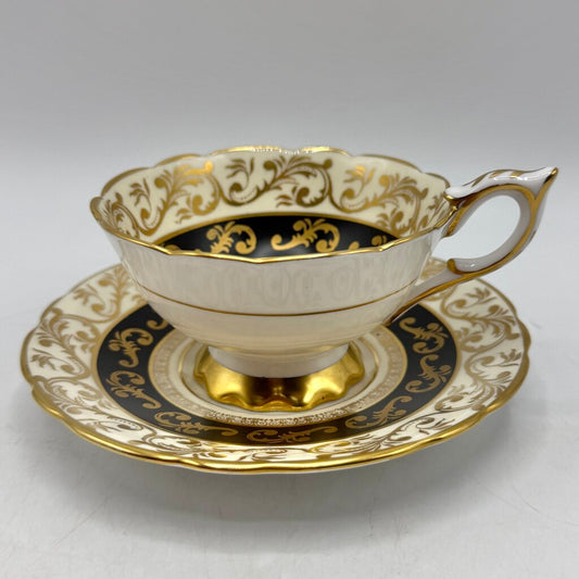 Vintage Royal Stafford Buckingham Black Gold Ivory Bone China Cup & Saucer Set Made In England /cb
