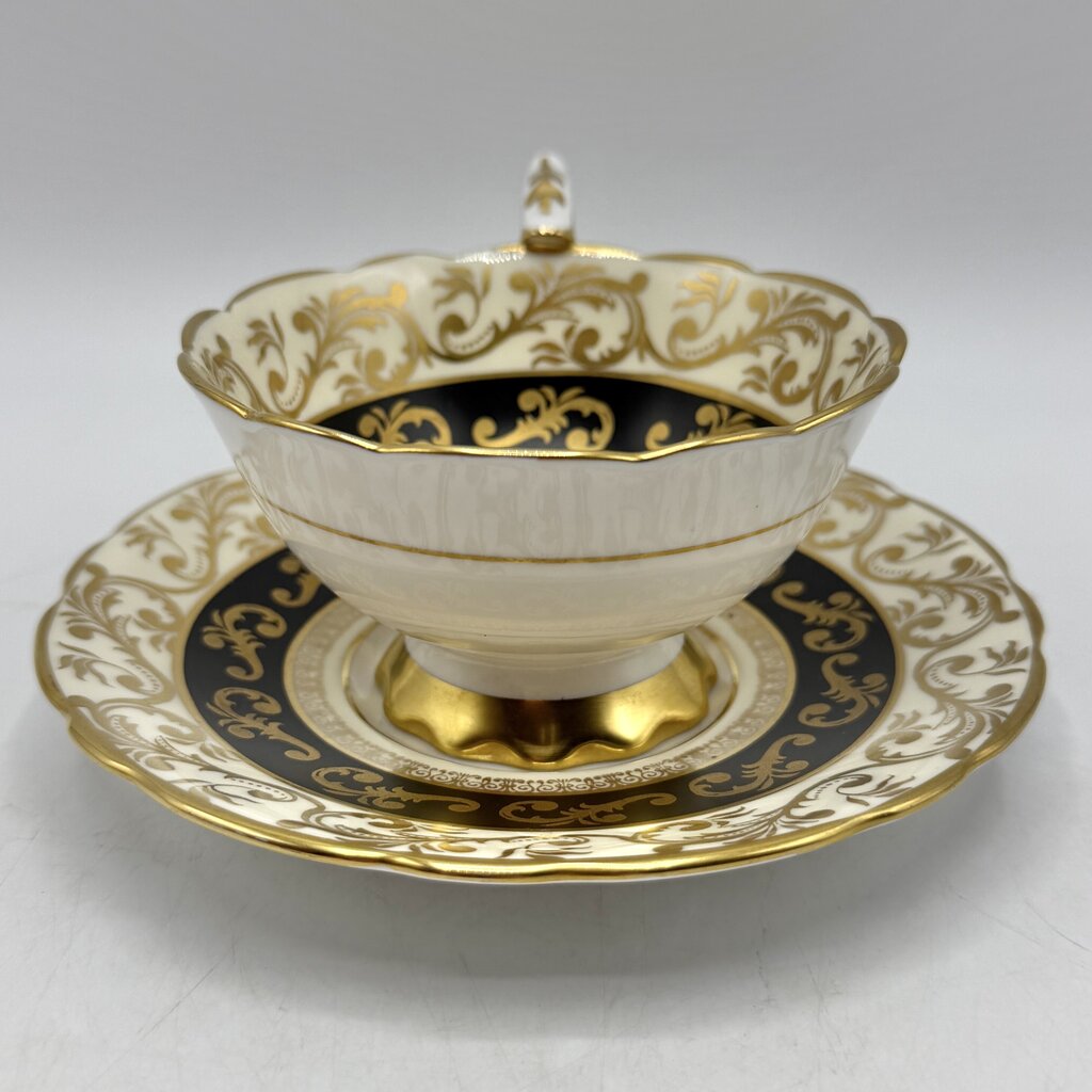Vintage Royal Stafford Buckingham Black Gold Ivory Bone China Cup & Saucer Set Made In England /cb