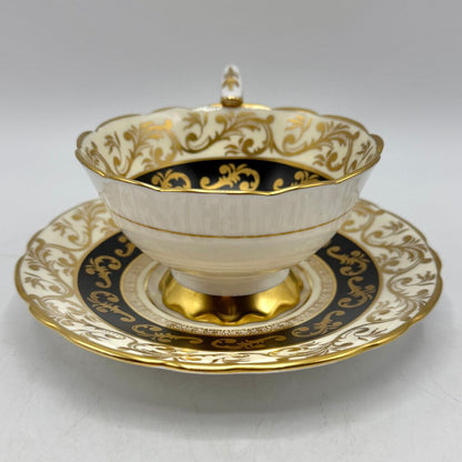 Vintage Royal Stafford Buckingham Black Gold Ivory Bone China Cup & Saucer Set Made In England /cb