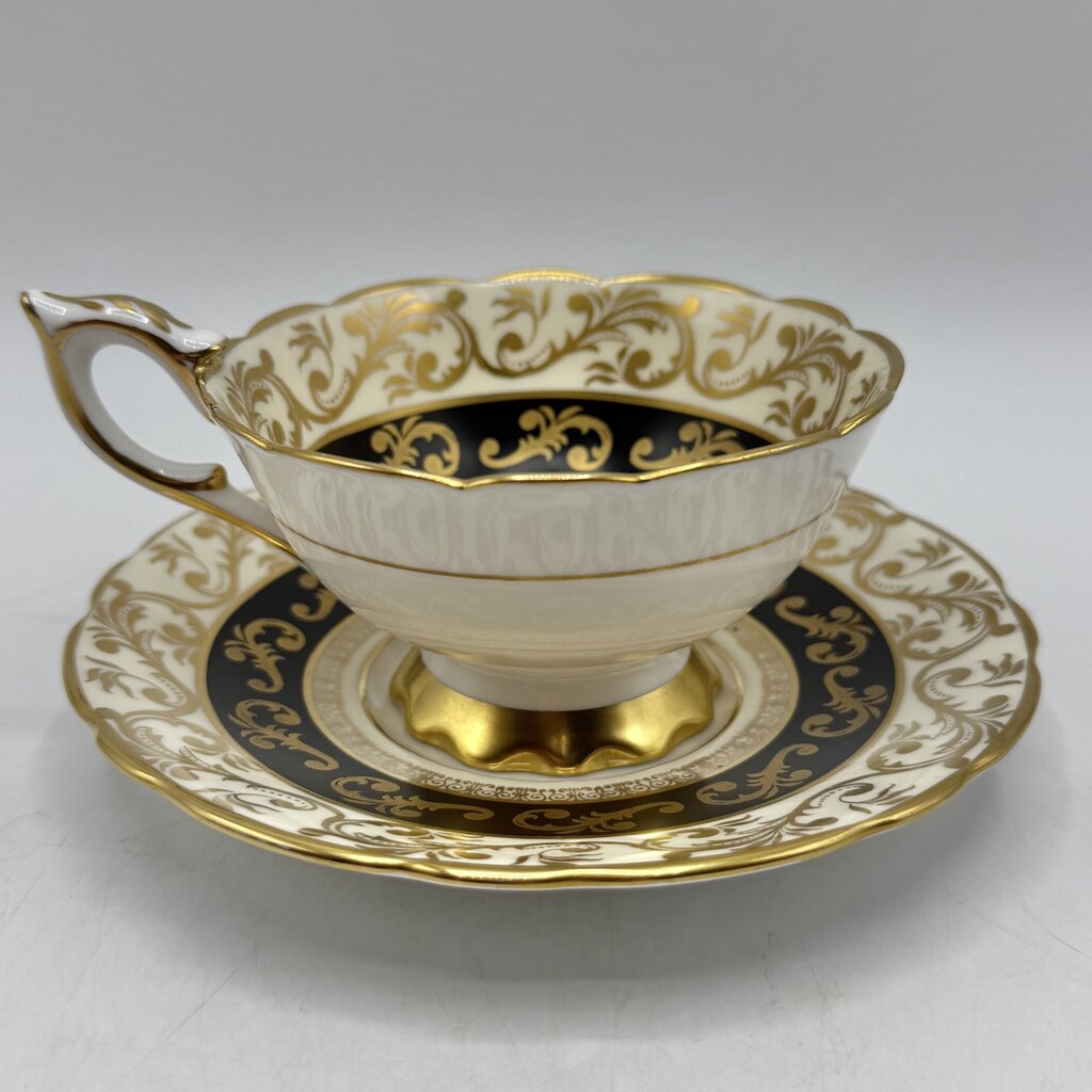 Vintage Royal Stafford Buckingham Black Gold Ivory Bone China Cup & Saucer Set Made In England /cb