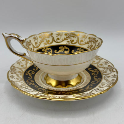 Vintage Royal Stafford Buckingham Black Gold Ivory Bone China Cup & Saucer Set Made In England /cb