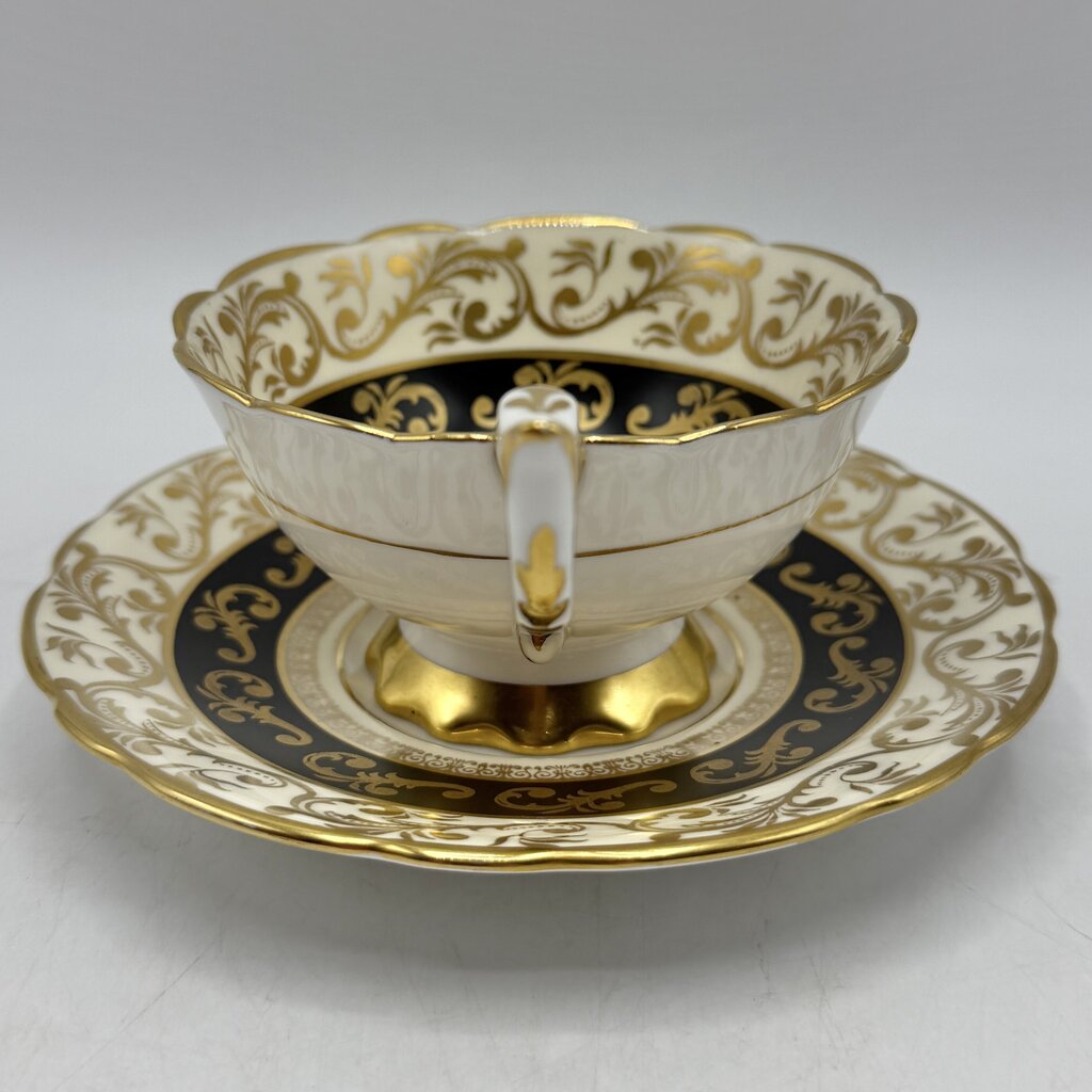Vintage Royal Stafford Buckingham Black Gold Ivory Bone China Cup & Saucer Set Made In England /cb
