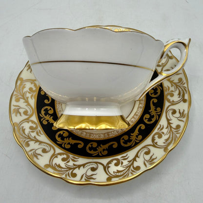 Vintage Royal Stafford Buckingham Black Gold Ivory Bone China Cup & Saucer Set Made In England /cb