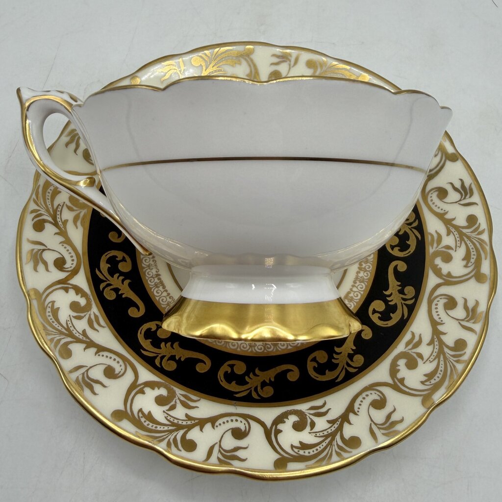 Vintage Royal Stafford Buckingham Black Gold Ivory Bone China Cup & Saucer Set Made In England /cb
