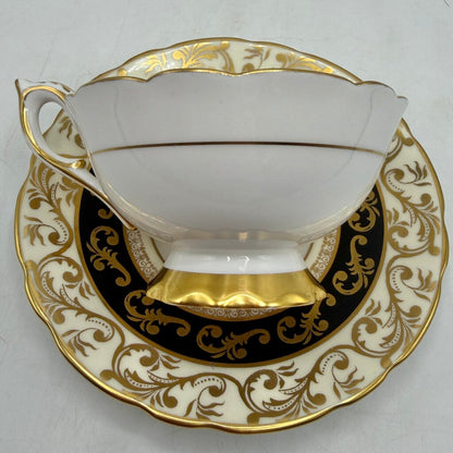 Vintage Royal Stafford Buckingham Black Gold Ivory Bone China Cup & Saucer Set Made In England /cb