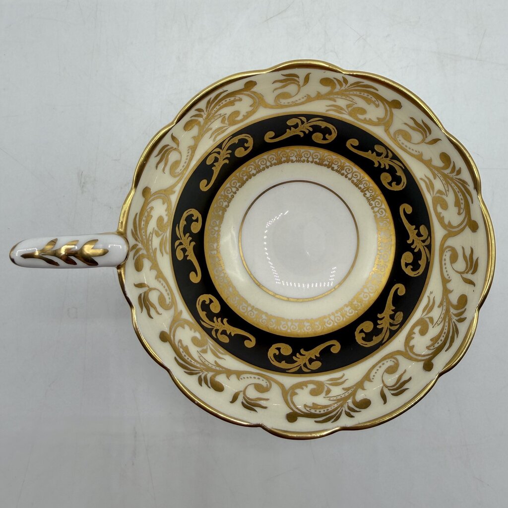 Vintage Royal Stafford Buckingham Black Gold Ivory Bone China Cup & Saucer Set Made In England /cb