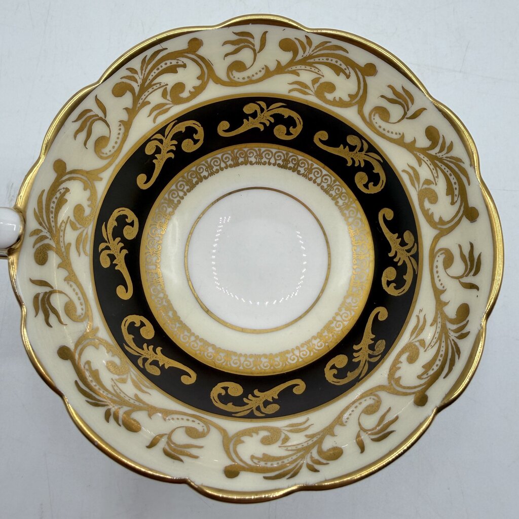 Vintage Royal Stafford Buckingham Black Gold Ivory Bone China Cup & Saucer Set Made In England /cb