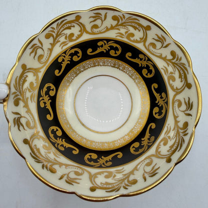 Vintage Royal Stafford Buckingham Black Gold Ivory Bone China Cup & Saucer Set Made In England /cb