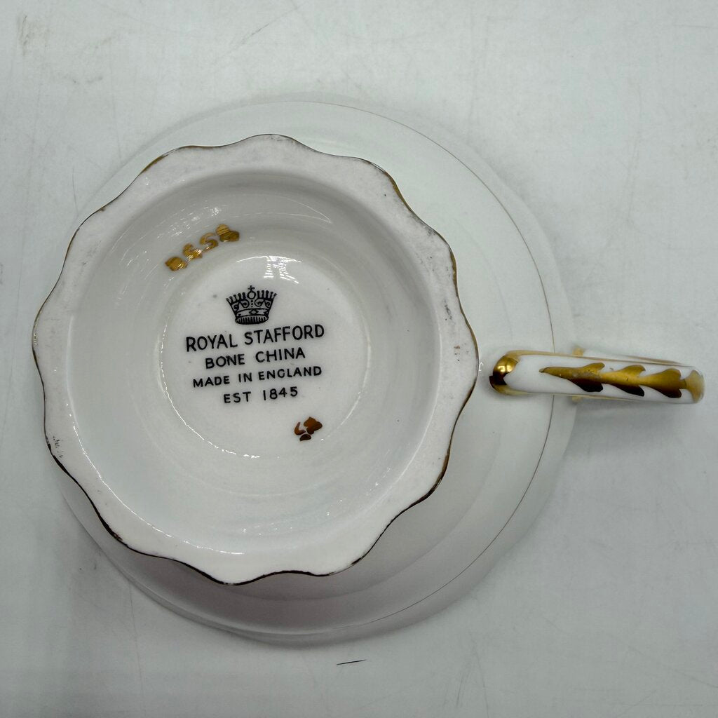 Vintage Royal Stafford Buckingham Black Gold Ivory Bone China Cup & Saucer Set Made In England /cb