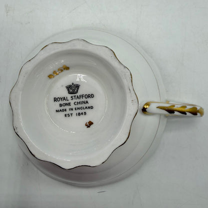 Vintage Royal Stafford Buckingham Black Gold Ivory Bone China Cup & Saucer Set Made In England /cb