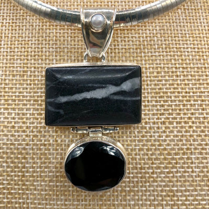 925 Sterling Silver White Buffalo Turquoise & Obsidian Pendant Necklace /b