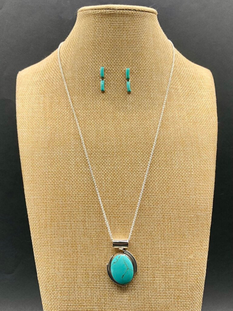 Taxco 950 Silver & Turquoise Pendant Necklace & Earring Set /b