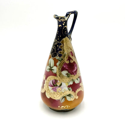 Cobalt And Pink Floral Hand Painted Gold Luster Nippon Style Ewer