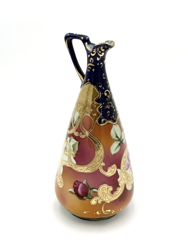 Cobalt And Pink Floral Hand Painted Gold Luster Nippon Style Ewer