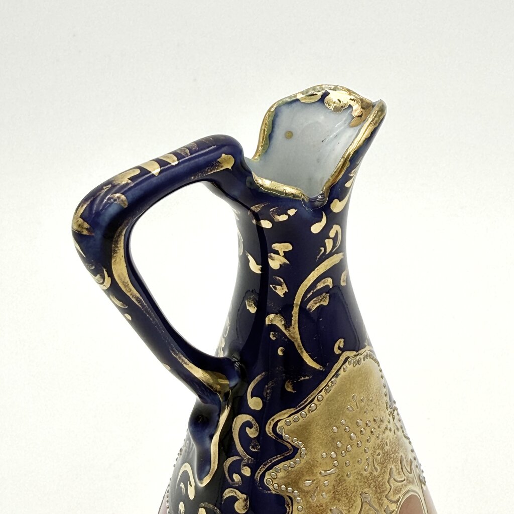 Cobalt And Pink Floral Hand Painted Gold Luster Nippon Style Ewer