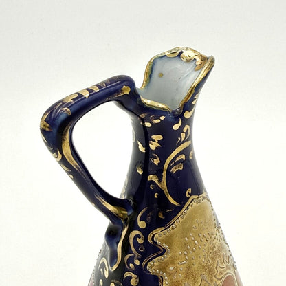 Cobalt And Pink Floral Hand Painted Gold Luster Nippon Style Ewer