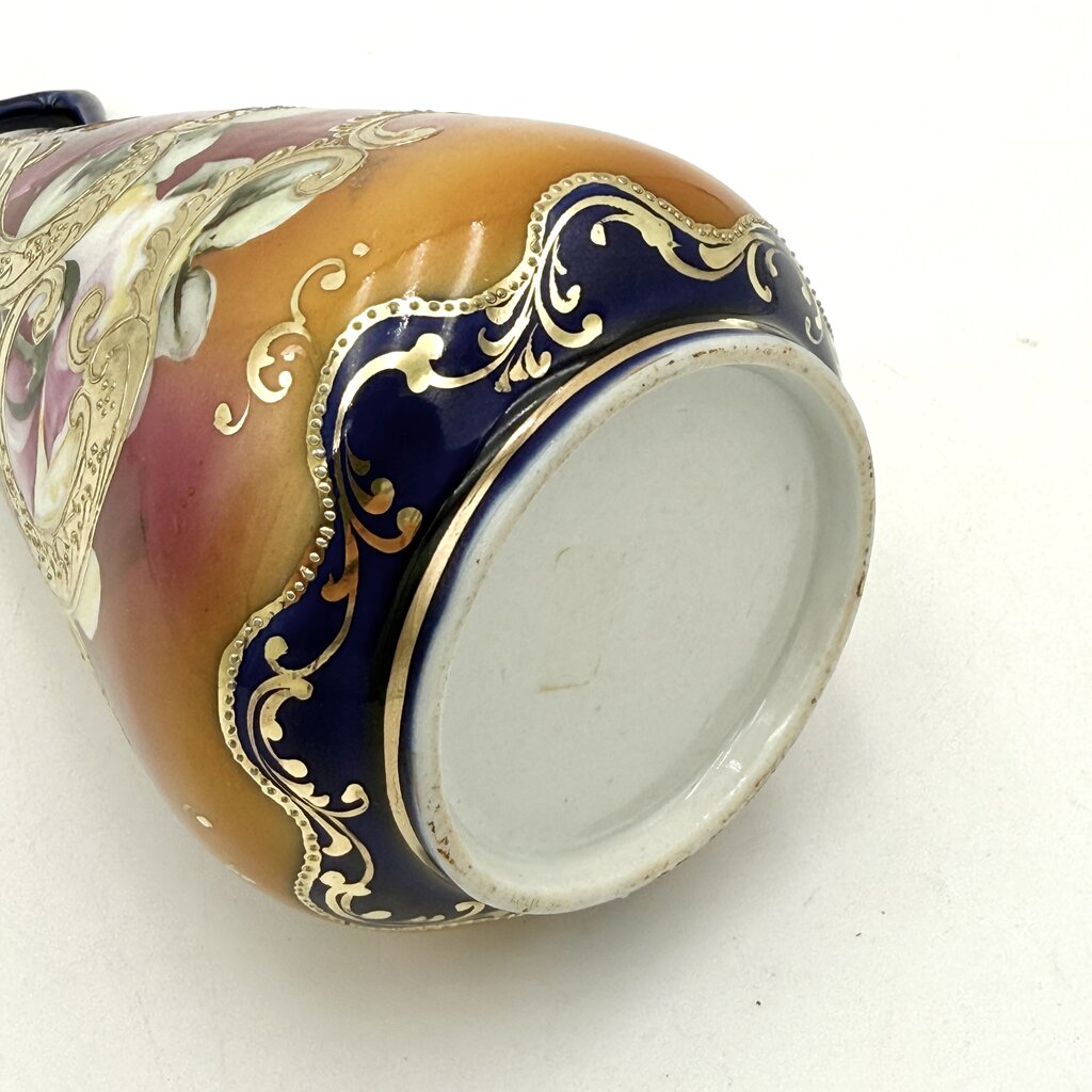 Cobalt And Pink Floral Hand Painted Gold Luster Nippon Style Ewer
