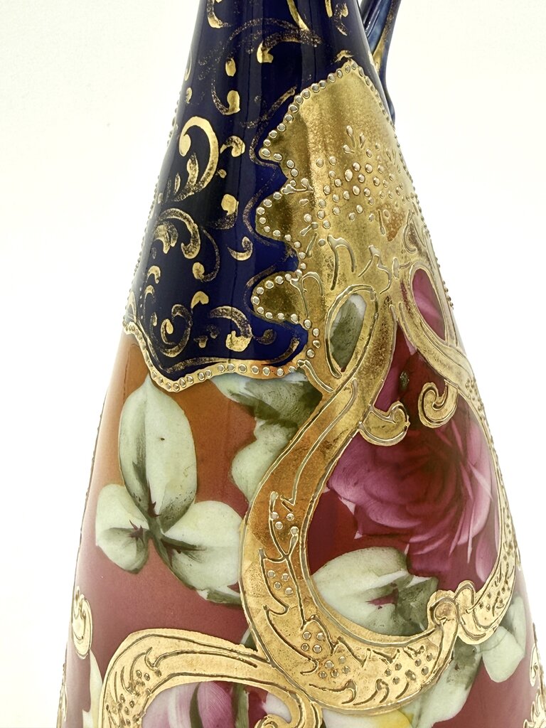 Cobalt And Pink Floral Hand Painted Gold Luster Nippon Style Ewer