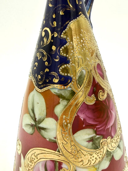 Cobalt And Pink Floral Hand Painted Gold Luster Nippon Style Ewer