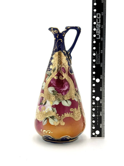 Cobalt And Pink Floral Hand Painted Gold Luster Nippon Style Ewer