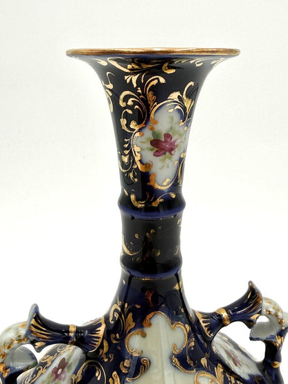 Cobalt Blue Hand Painted Gold Luster Nippon Style Urn Vase