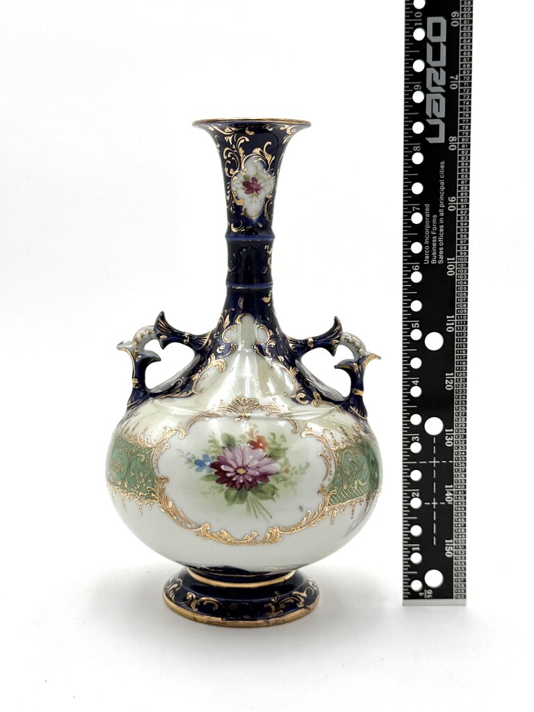 Cobalt Blue Hand Painted Gold Luster Nippon Style Urn Vase