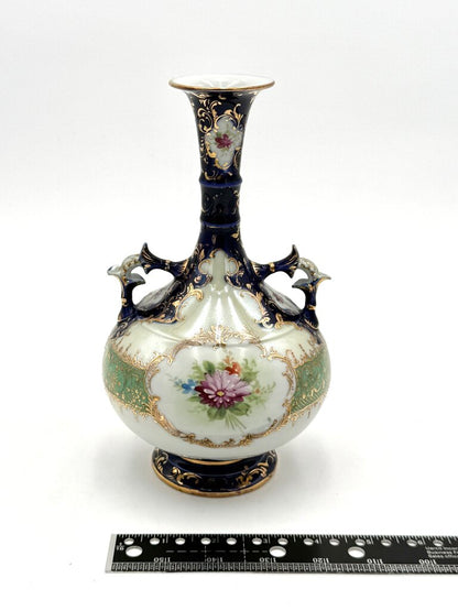 Cobalt Blue Hand Painted Gold Luster Nippon Style Urn Vase