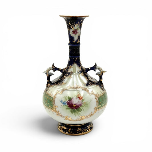 Cobalt Blue Hand Painted Gold Luster Nippon Style Urn Vase