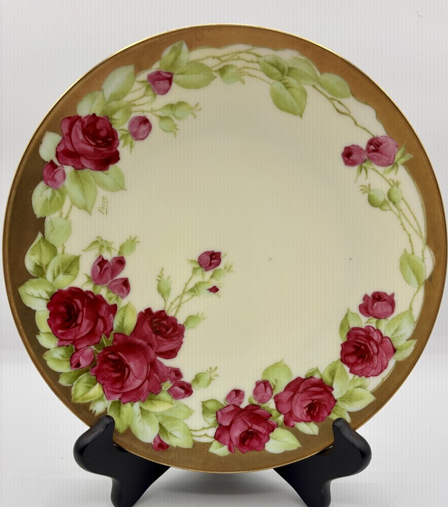 Vtg. Tirschenreuth Bavaria Pink Roses Gold Trim Cabinet Plate Signed /j