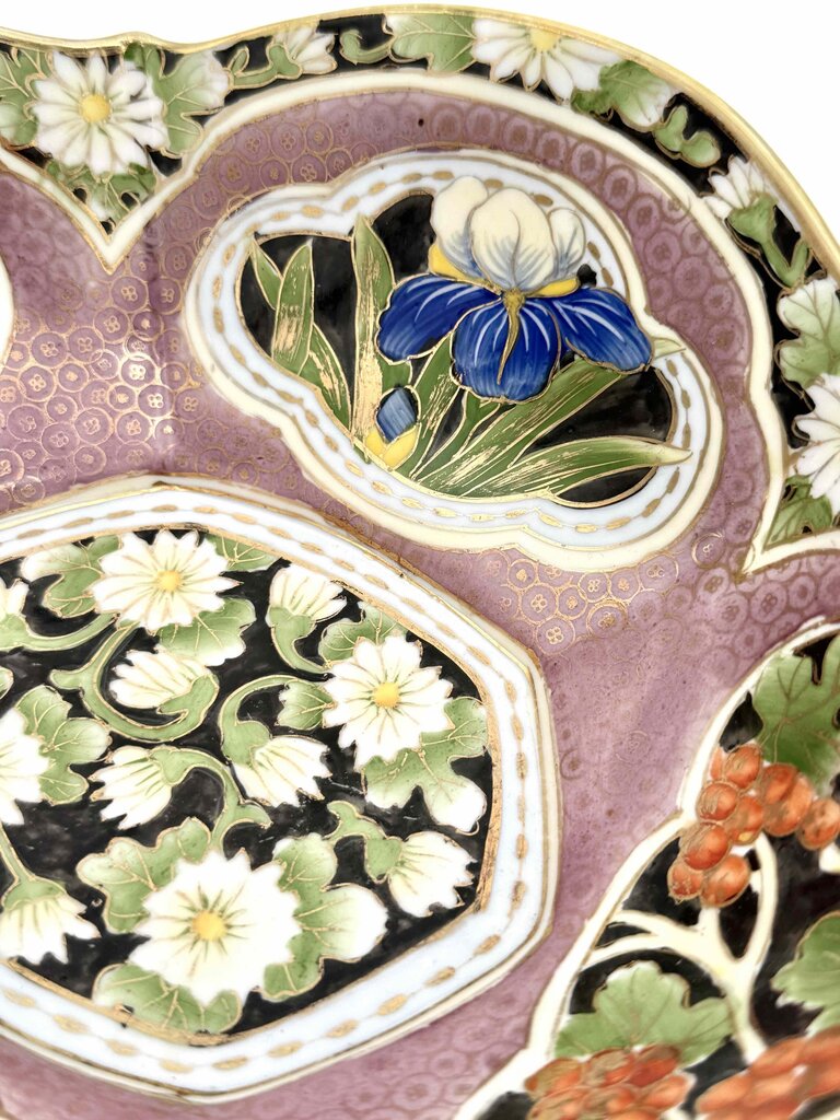 Nippon Hand Painted Iris And Daisy Gold Luster Accent Porcelain Bowl