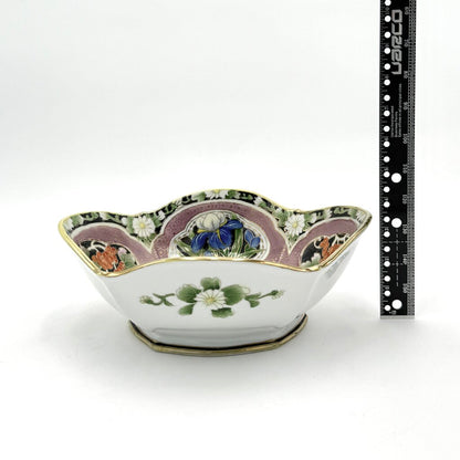 Nippon Hand Painted Iris And Daisy Gold Luster Accent Porcelain Bowl