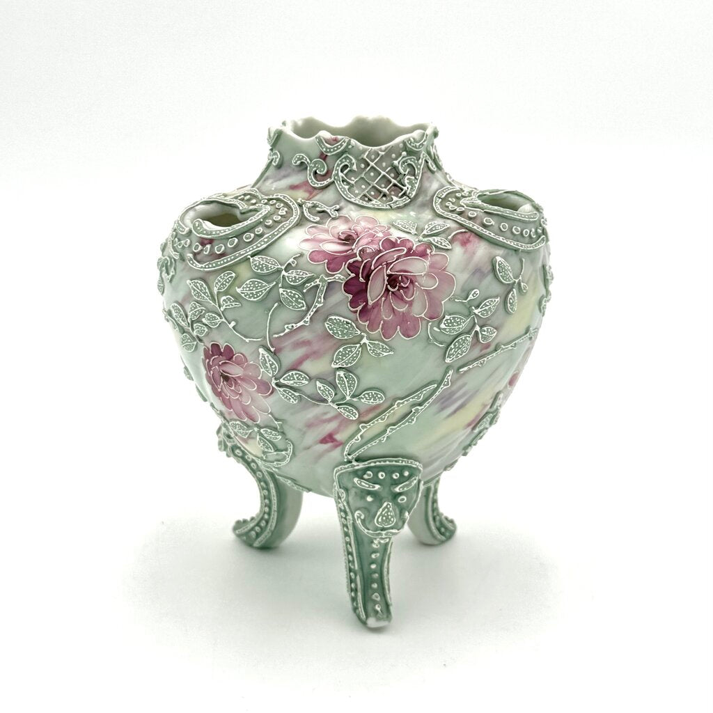 Nippon Moriage Style Mint Green And Pink Floral Tri Footed Vase