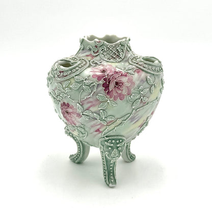 Nippon Moriage Style Mint Green And Pink Floral Tri Footed Vase