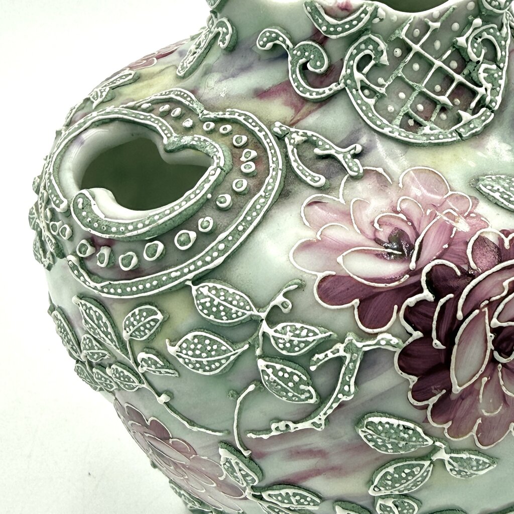 Nippon Moriage Style Mint Green And Pink Floral Tri Footed Vase