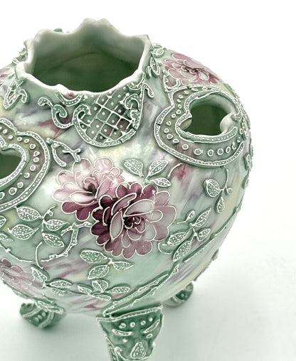 Nippon Moriage Style Mint Green And Pink Floral Tri Footed Vase