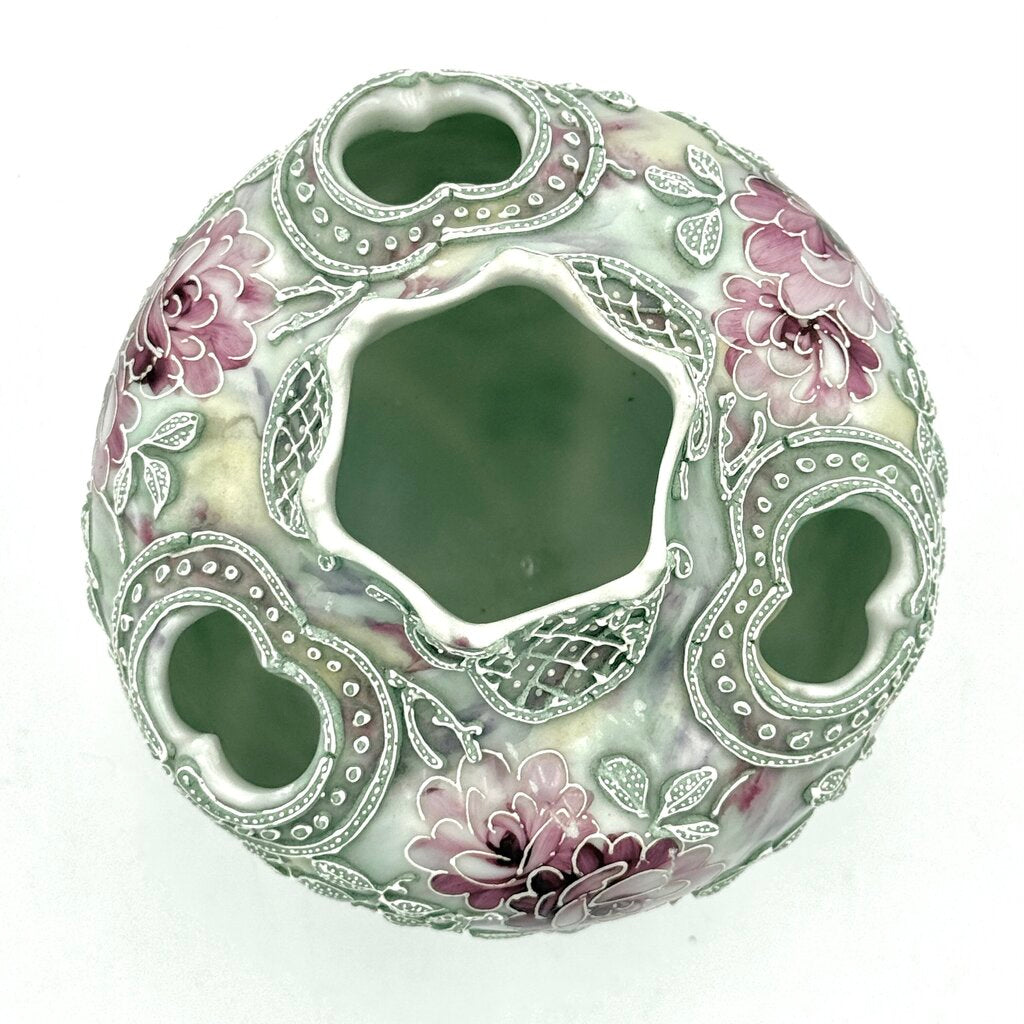 Nippon Moriage Style Mint Green And Pink Floral Tri Footed Vase