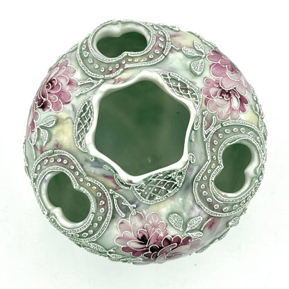 Nippon Moriage Style Mint Green And Pink Floral Tri Footed Vase