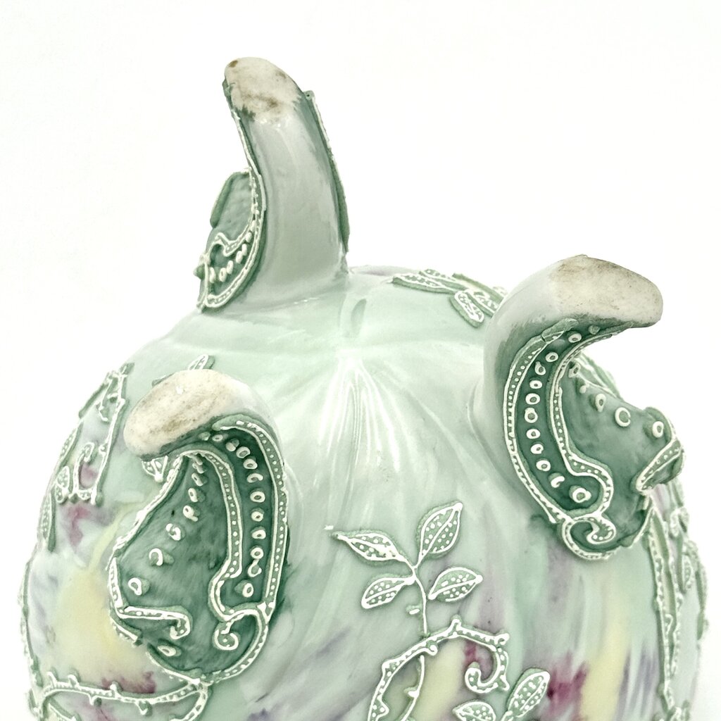 Nippon Moriage Style Mint Green And Pink Floral Tri Footed Vase