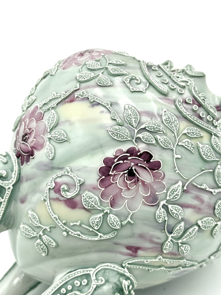 Nippon Moriage Style Mint Green And Pink Floral Tri Footed Vase