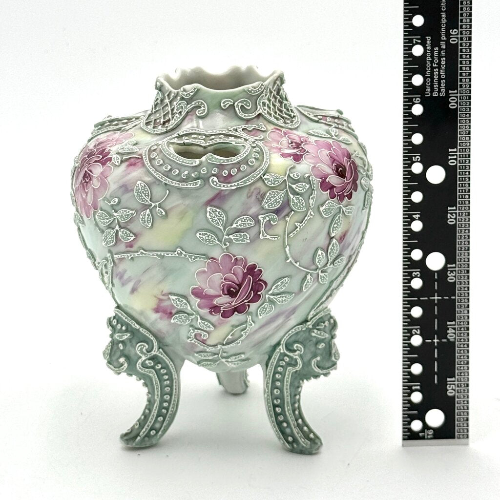 Nippon Moriage Style Mint Green And Pink Floral Tri Footed Vase