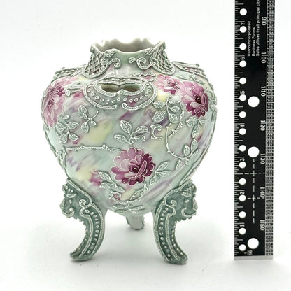 Nippon Moriage Style Mint Green And Pink Floral Tri Footed Vase