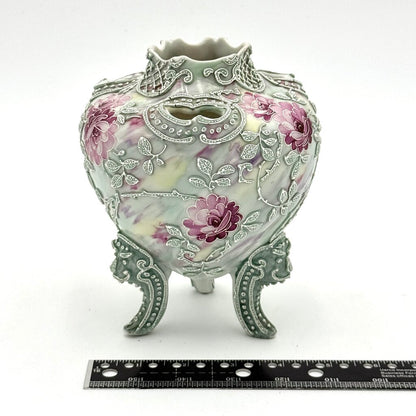 Nippon Moriage Style Mint Green And Pink Floral Tri Footed Vase