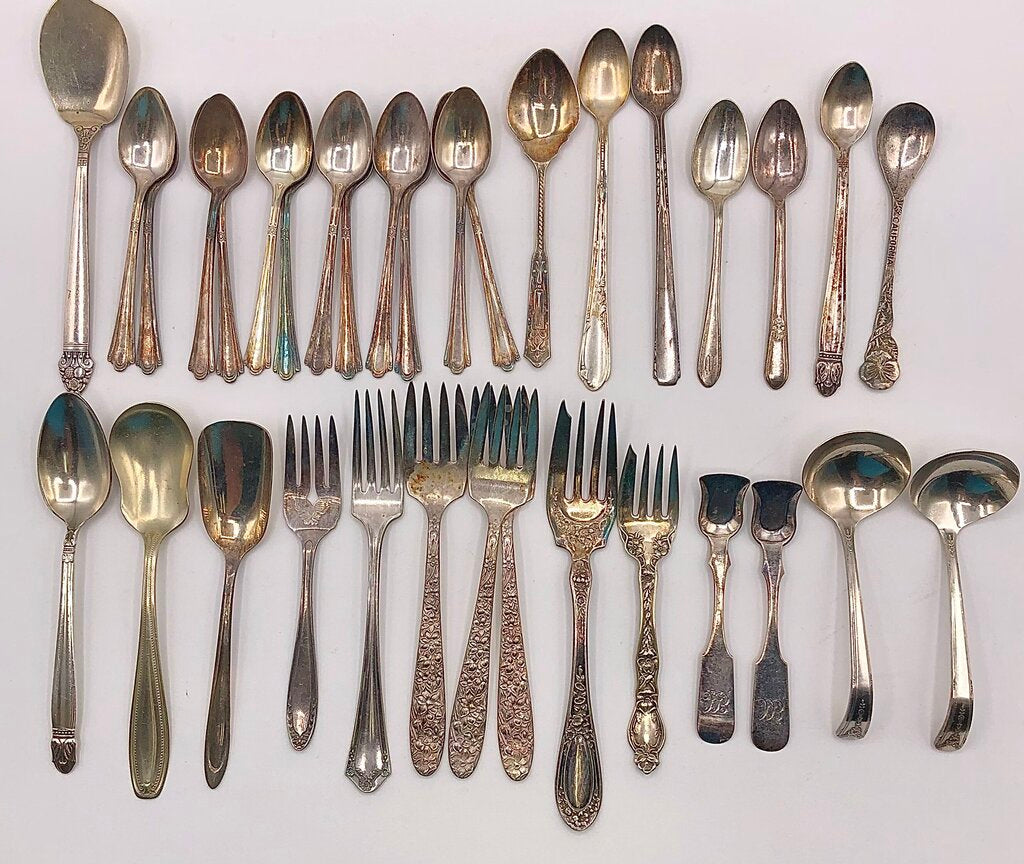 34pc Antique Assorted Ornate Silver Plate Spoons & Forks /b