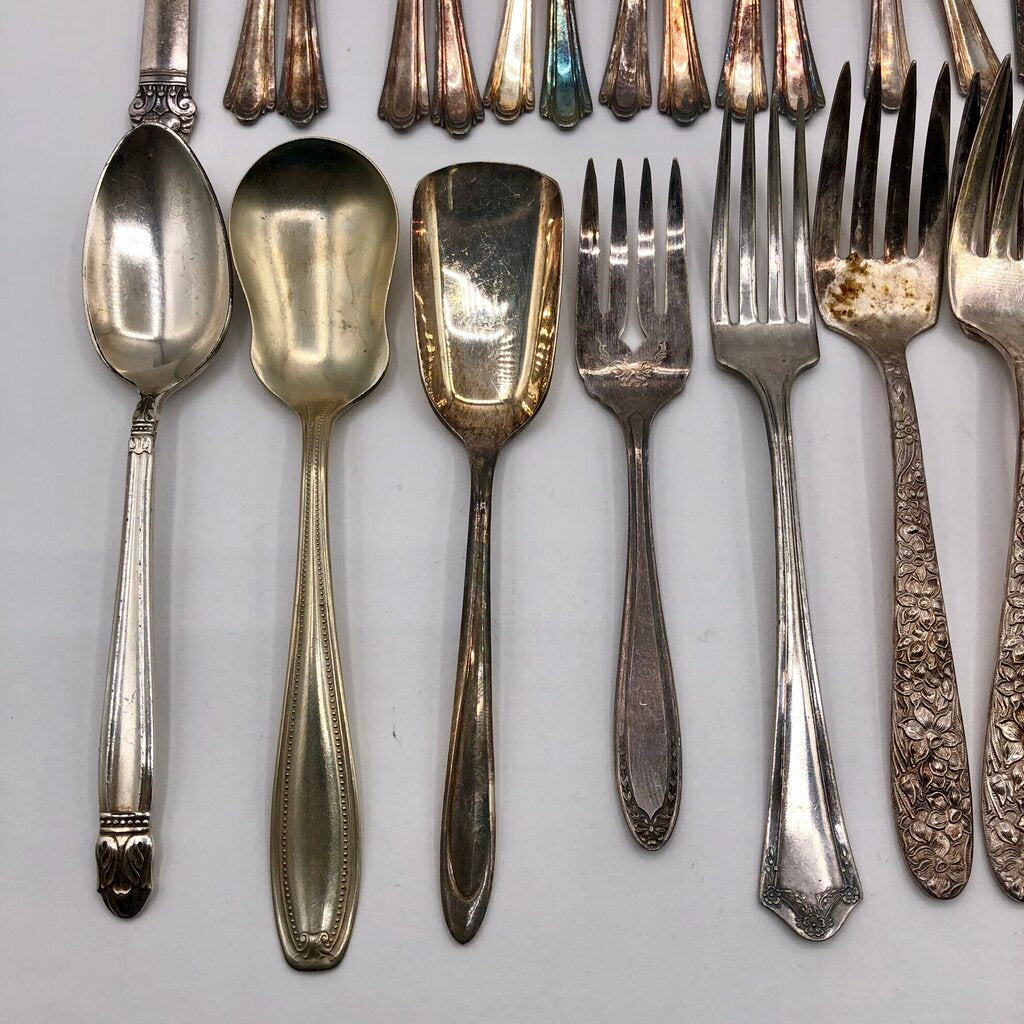 34pc Antique Assorted Ornate Silver Plate Spoons & Forks /b